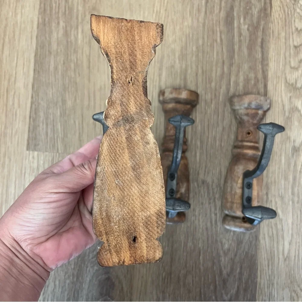 Iron and Wood Rustic Brown Wall Hooks Set of 3 6 Inches Tall